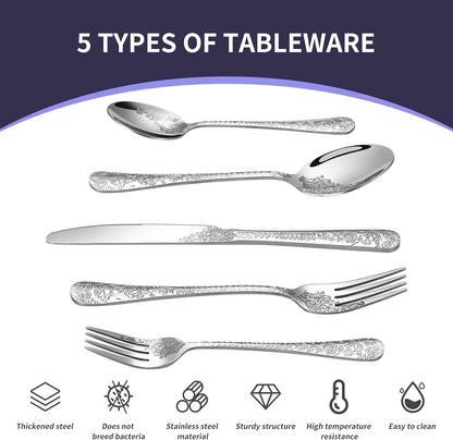 Floral 20 Pcs Silverware Set for 4, Food Grade Stainless Steel Flatware Set with Rose Flower