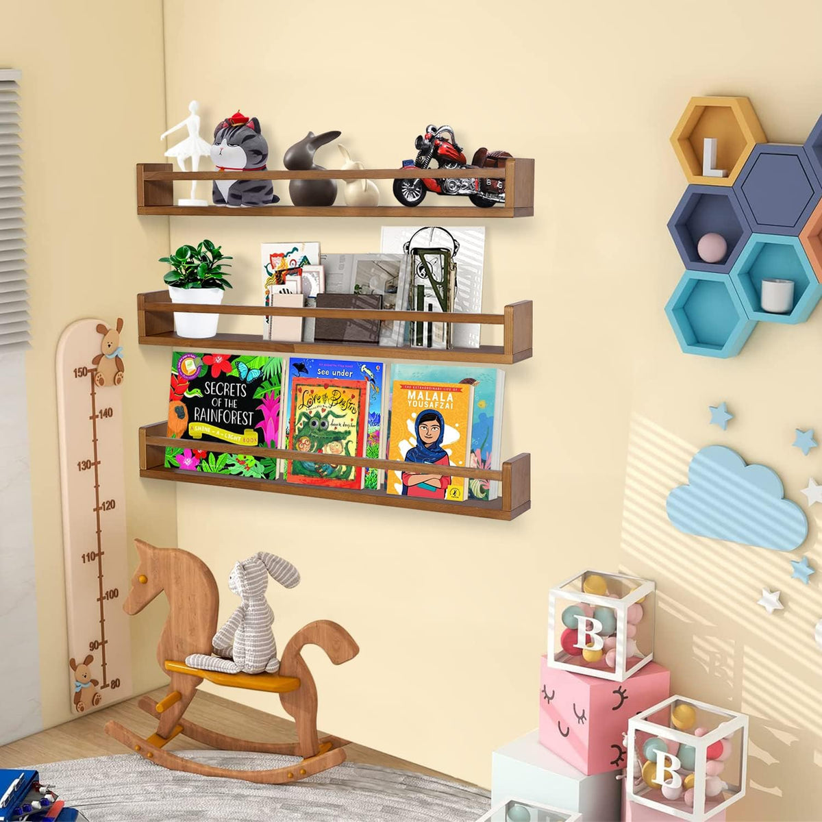 AZSKY Light Walnut Nursery Book Shelves 36 in Floating Wall Mounted Bookshelf Kids Room Hanging