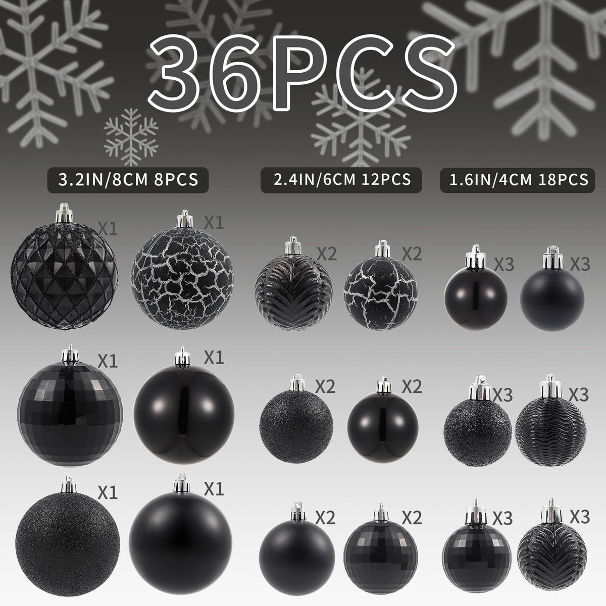 LANGXUN 36pcs Black Christmas Tree Decorations Balls, Bolas De Navidad, 2025 Christmas Decor