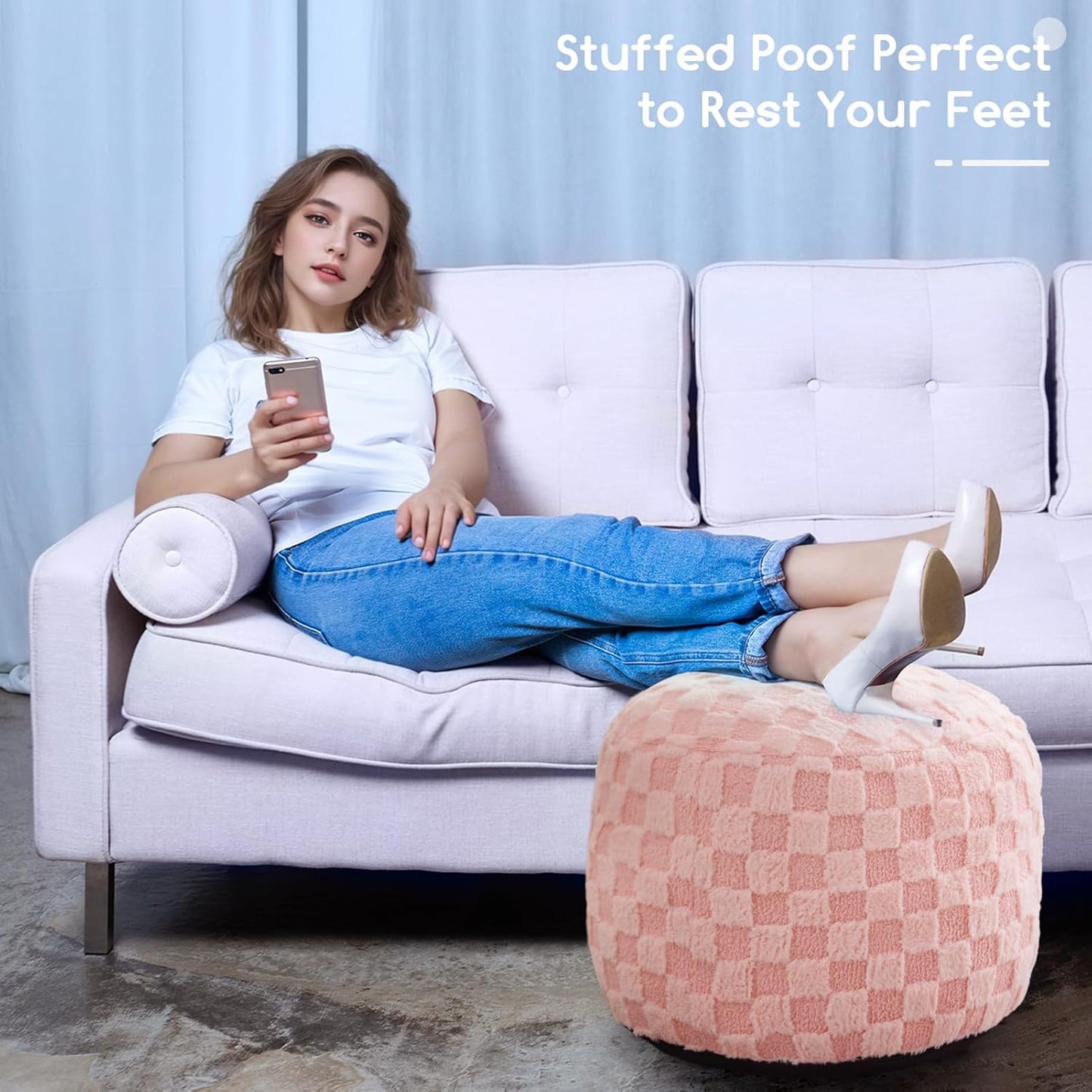 HIGOGOGO Round Stuffed Pouf Ottoman, Plaid Poufs with Foam Chunk Filling, Fluffy and Furry Pouf