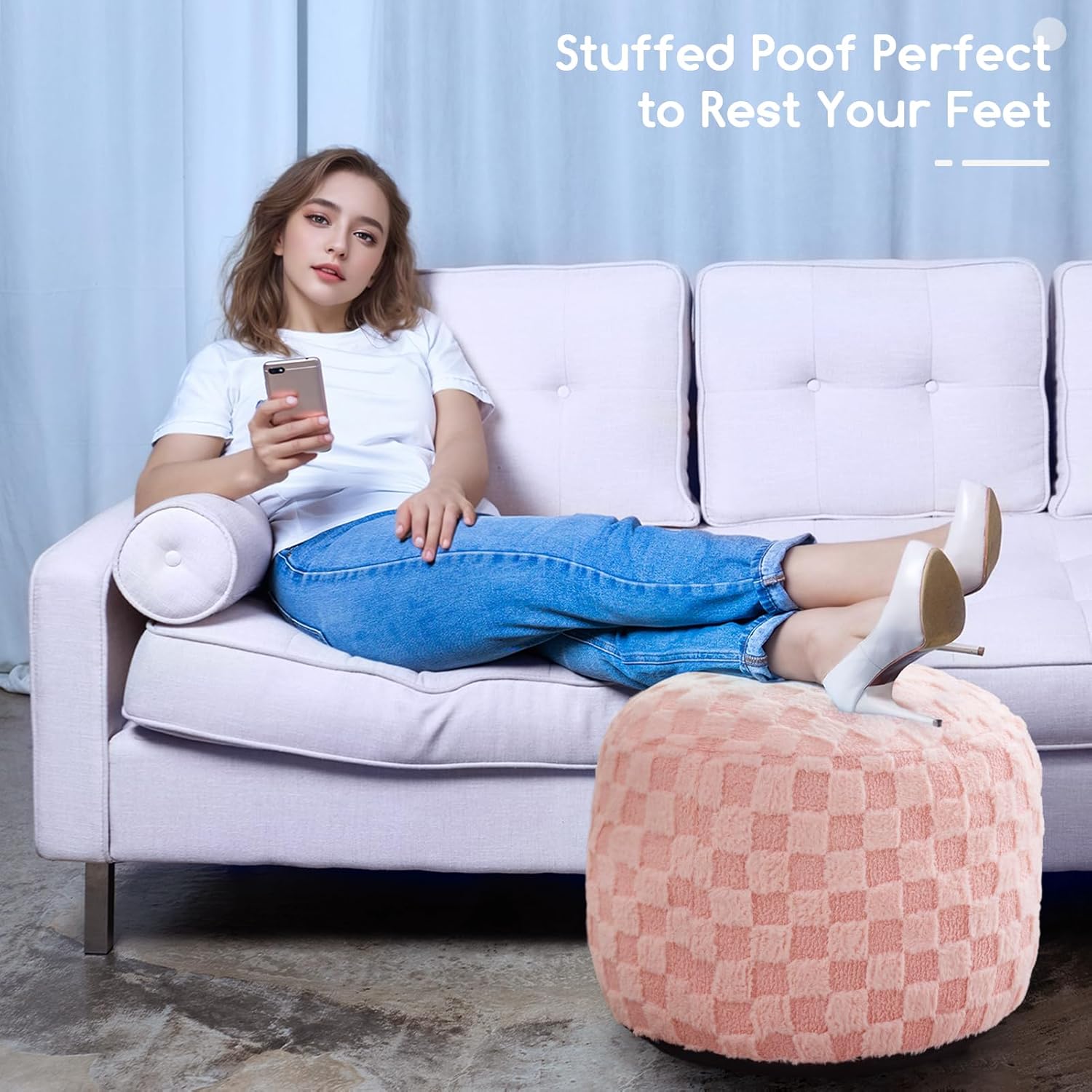 HIGOGOGO Round Stuffed Pouf Ottoman, Plaid Poufs with Foam Chunk Filling, Fluffy and Furry Pouf
