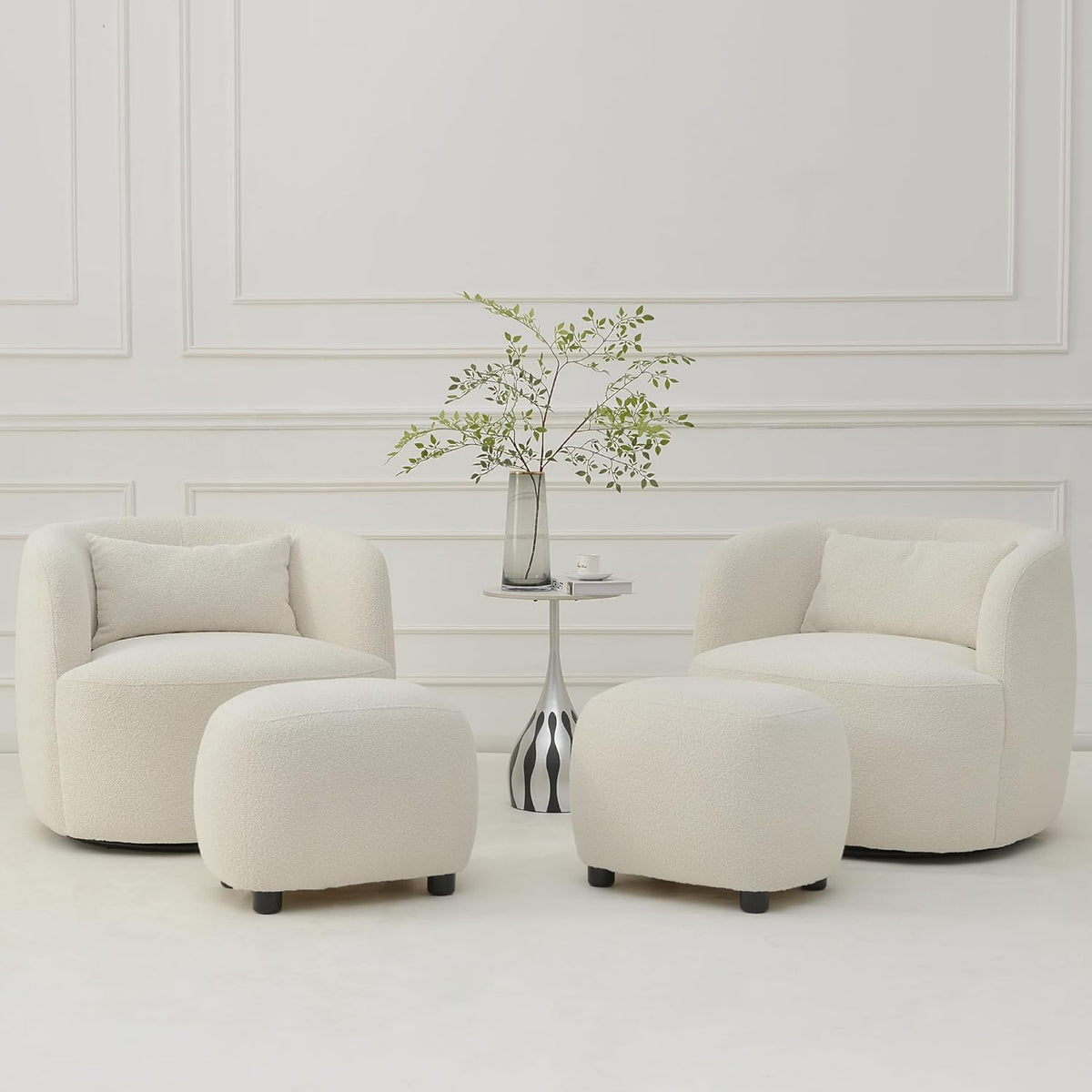 KINWELL 34" Wide 2 Boucle Swivel Barrel Chairs and 2 Ottomans Set, Fully Assembled Sherpa Accent