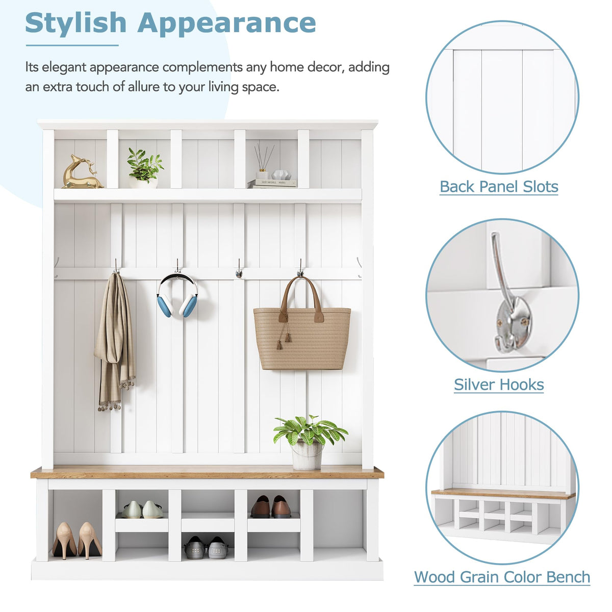 Merax Wood Farmhouse Hall Tree with Storage Entryway Bench, 3-in-1 Coat Racks with 6 Hooks &Shelves