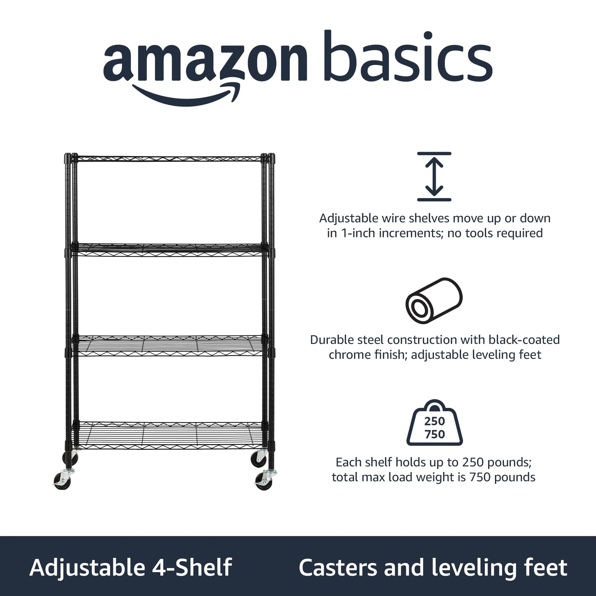 Amazon Basics 4-Shelf Heavy Duty Garage Shelving Storage Unit on 3" Wheel Casters, Adjustable Metal