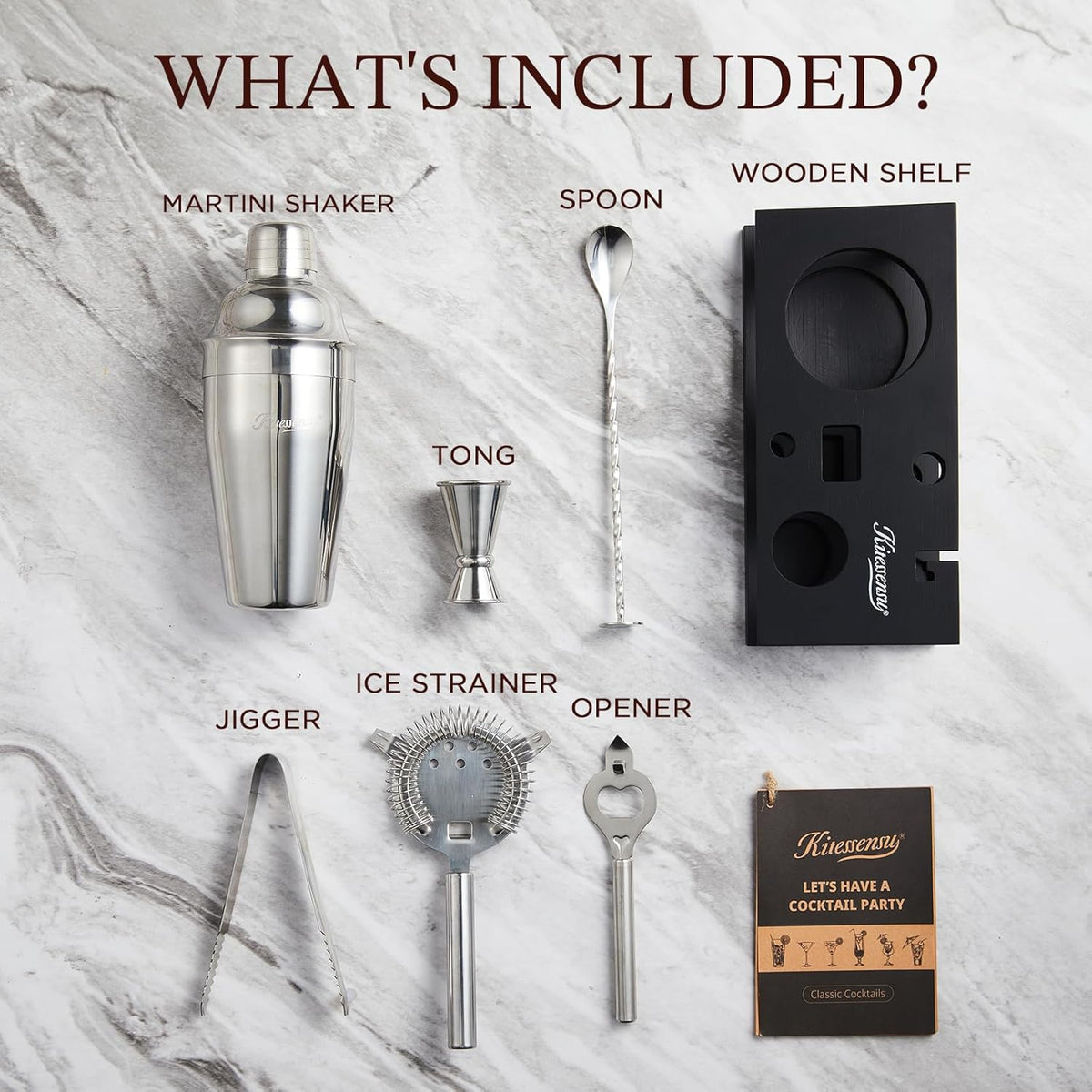 KITESSENSU Cocktail Shaker Set Bartender Kit, 6-Piece Silver Bar Set with Stand, Bar kit with