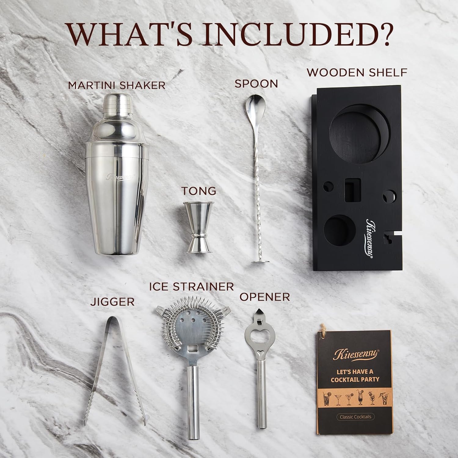 KITESSENSU Cocktail Shaker Set Bartender Kit, 6-Piece Silver Bar Set with Stand, Bar kit with