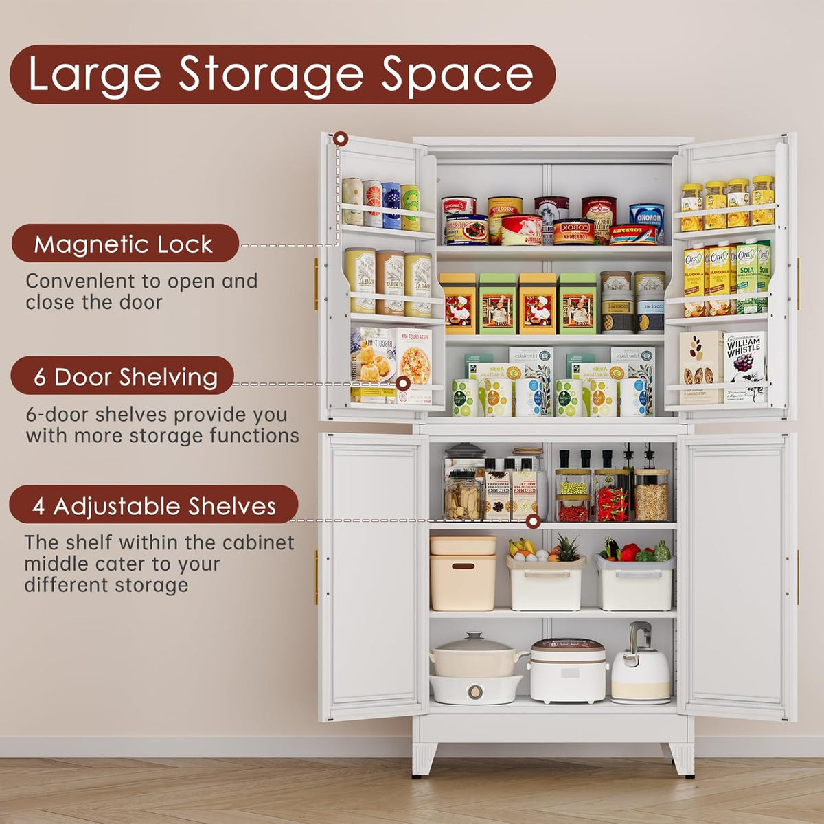 75" H Metal Storage Cabinet, Pantry with 6 Door Shelves and 4 Adjustable Shelves, Leveling Foot for