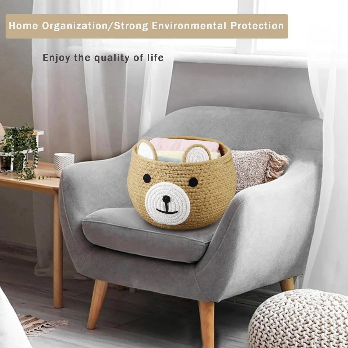 PandaEar Cotton Rope Baby Basket, Baby Gift Basket Nursery Laundry Organizer with Cute Bear Design