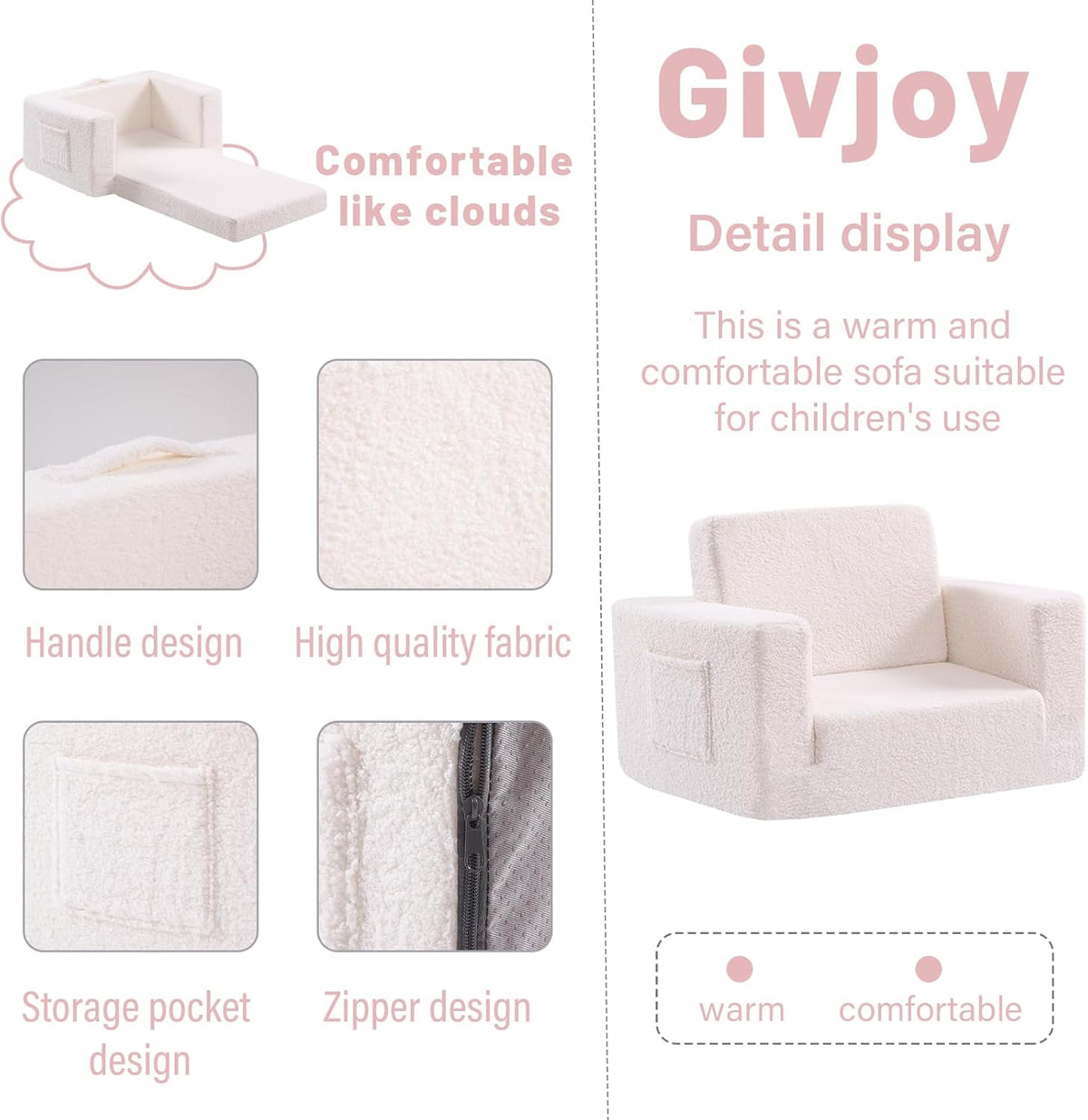 Toddler Chair Sherpa Kids Couch, 2-in-1 Soft Kids Sofa Lounger for Bedroom, Convertible Couch for