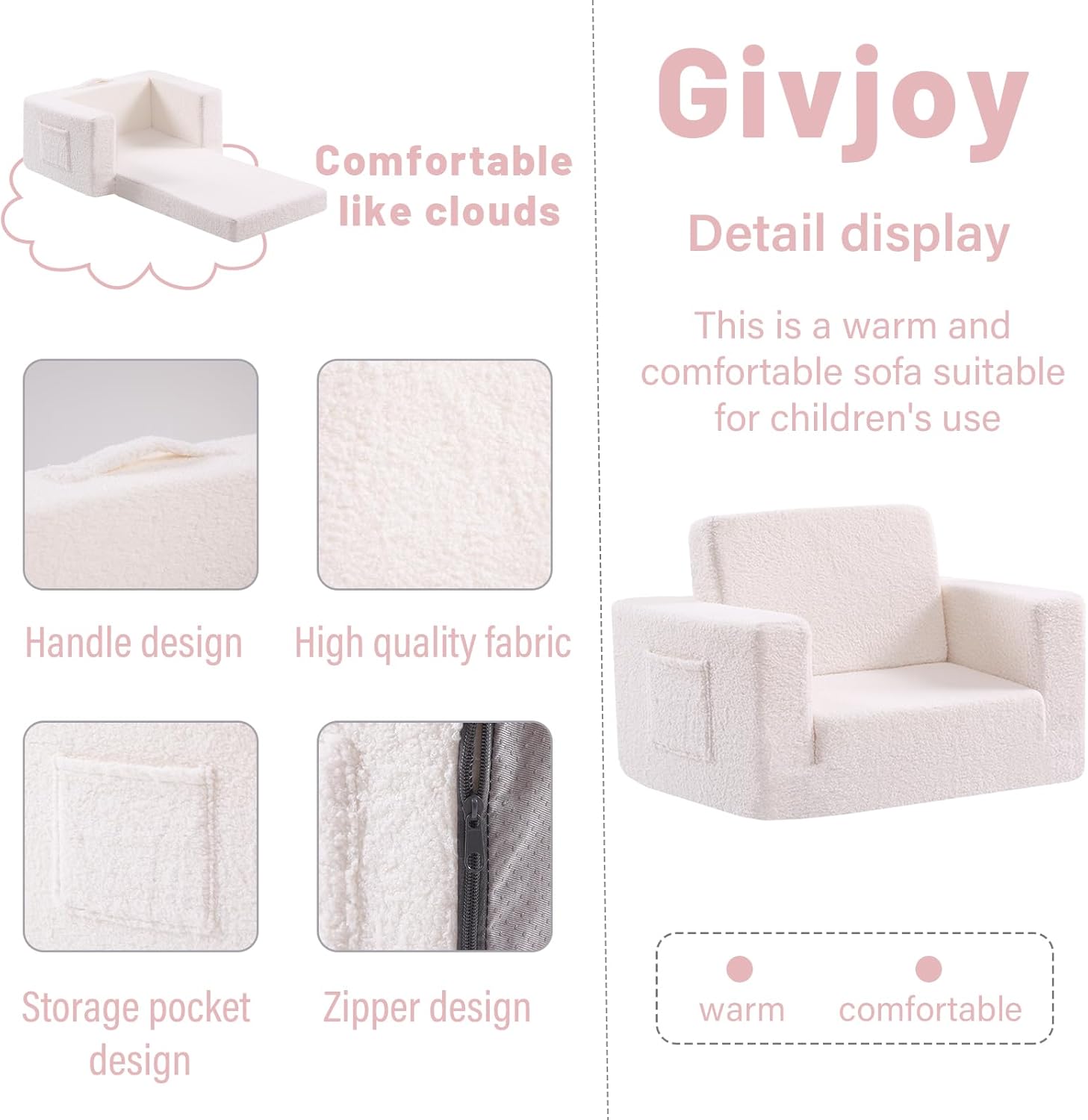 Toddler Chair Sherpa Kids Couch, 2-in-1 Soft Kids Sofa Lounger for Bedroom, Convertible Couch for
