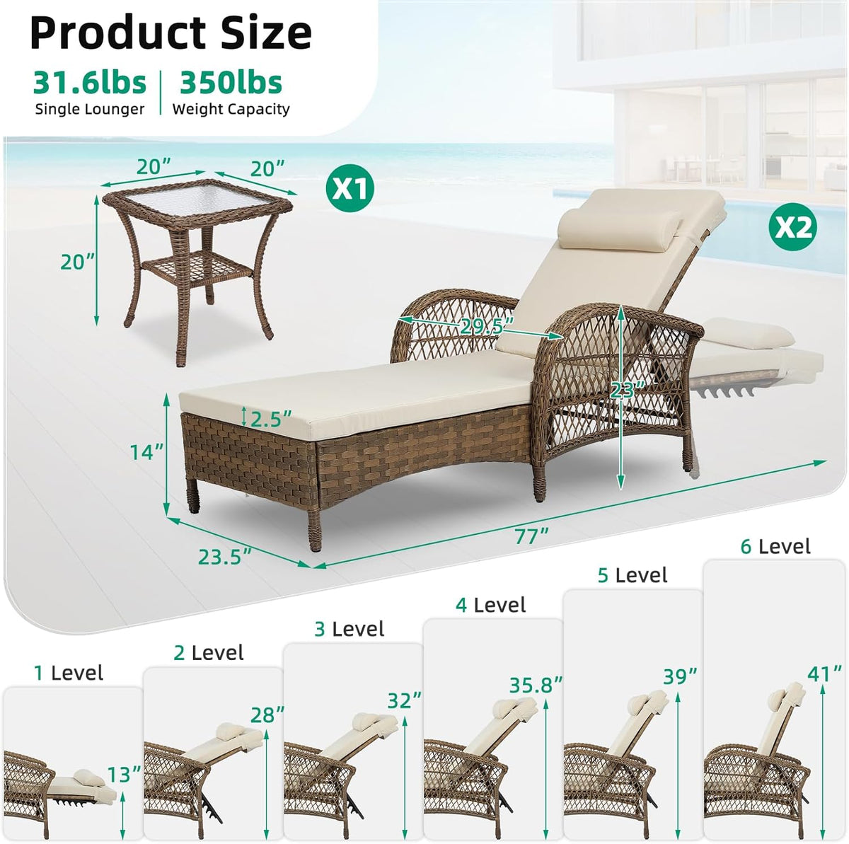 VIVIJASON 3 Pieces Outdoor Wicker Chaise Lounge Chair Set, All-Weather PE Rattan Cushioned Patio