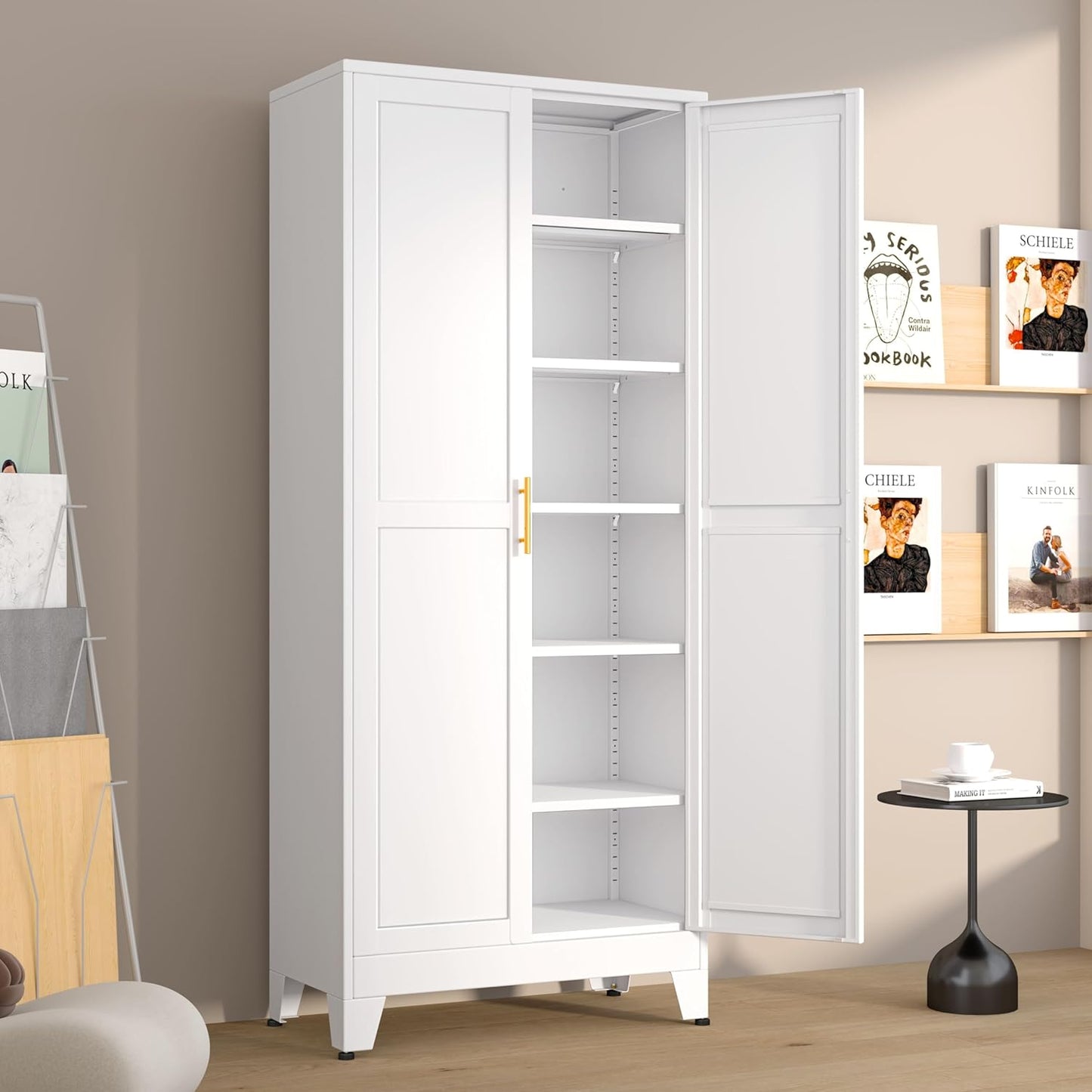 Metal Pantry Cabinet with 2 Doors and 5 Adjustable Shelves, 75" Kitchen Storage cabinets with Gold
