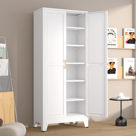 Metal Pantry Cabinet with 2 Doors and 5 Adjustable Shelves, 75" Kitchen Storage cabinets with Gold