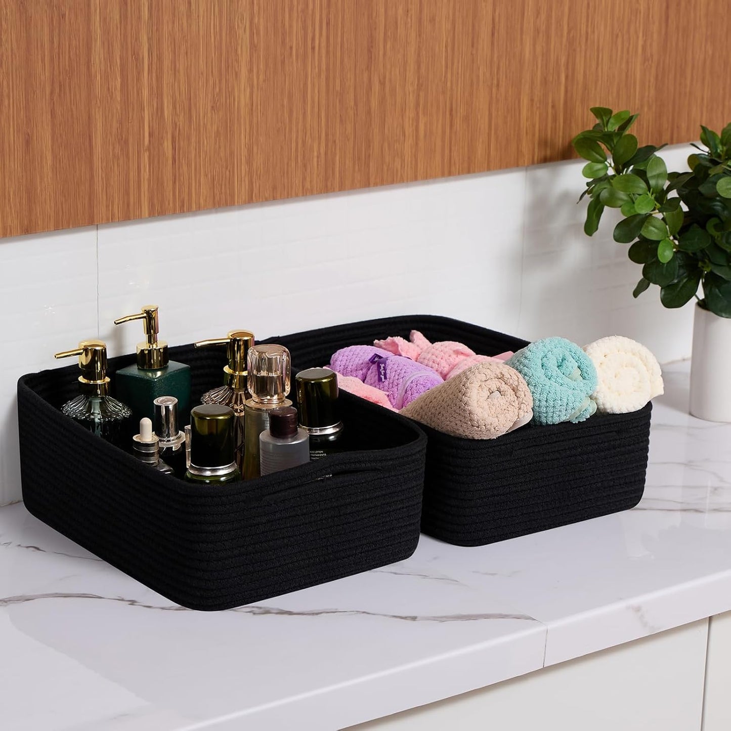 Large Shallow Organizing Baskets 15x11x5.1 Inches - Rope Woven Storage Bins for Bathroom, Shelves