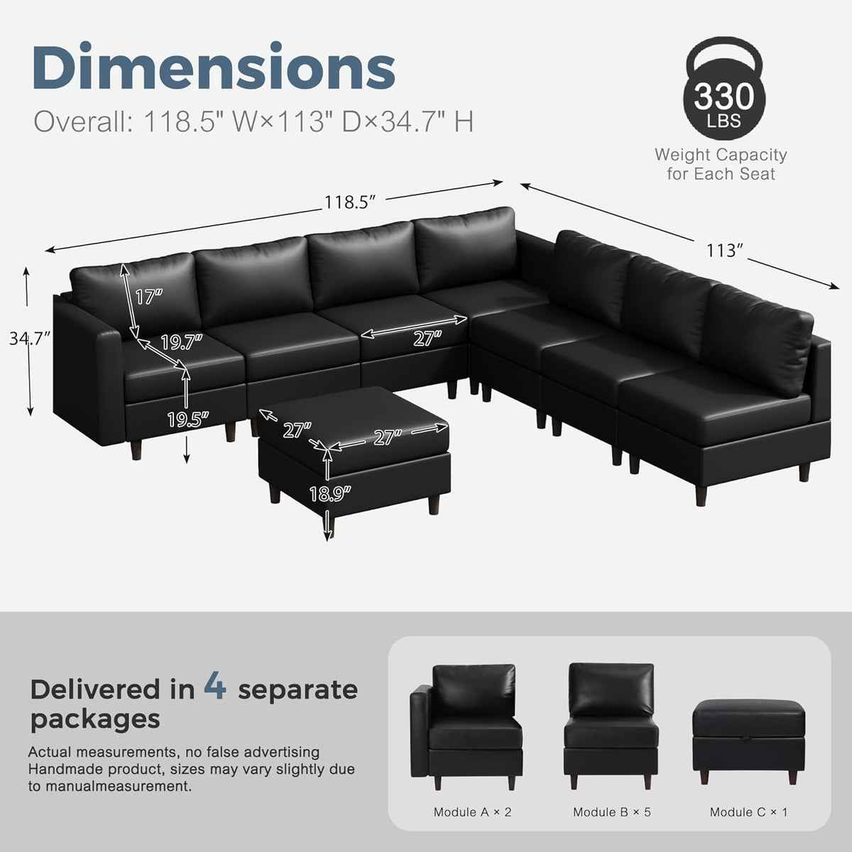 ABCASA 118.5" Faux Leather Modular Sectional Convertible Sofa, L Shaped Couch Set for Living Room