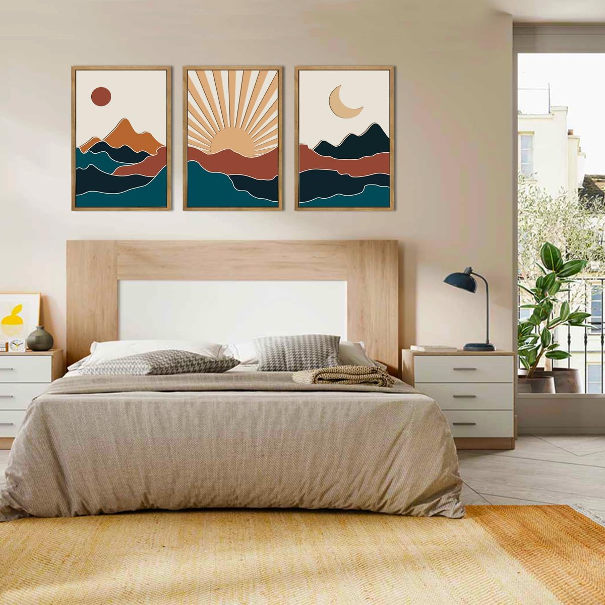 Large Boho Mountain Wall Art Set Modern Abstract Bohemian Wood Wall Decor Colorful Mid Century