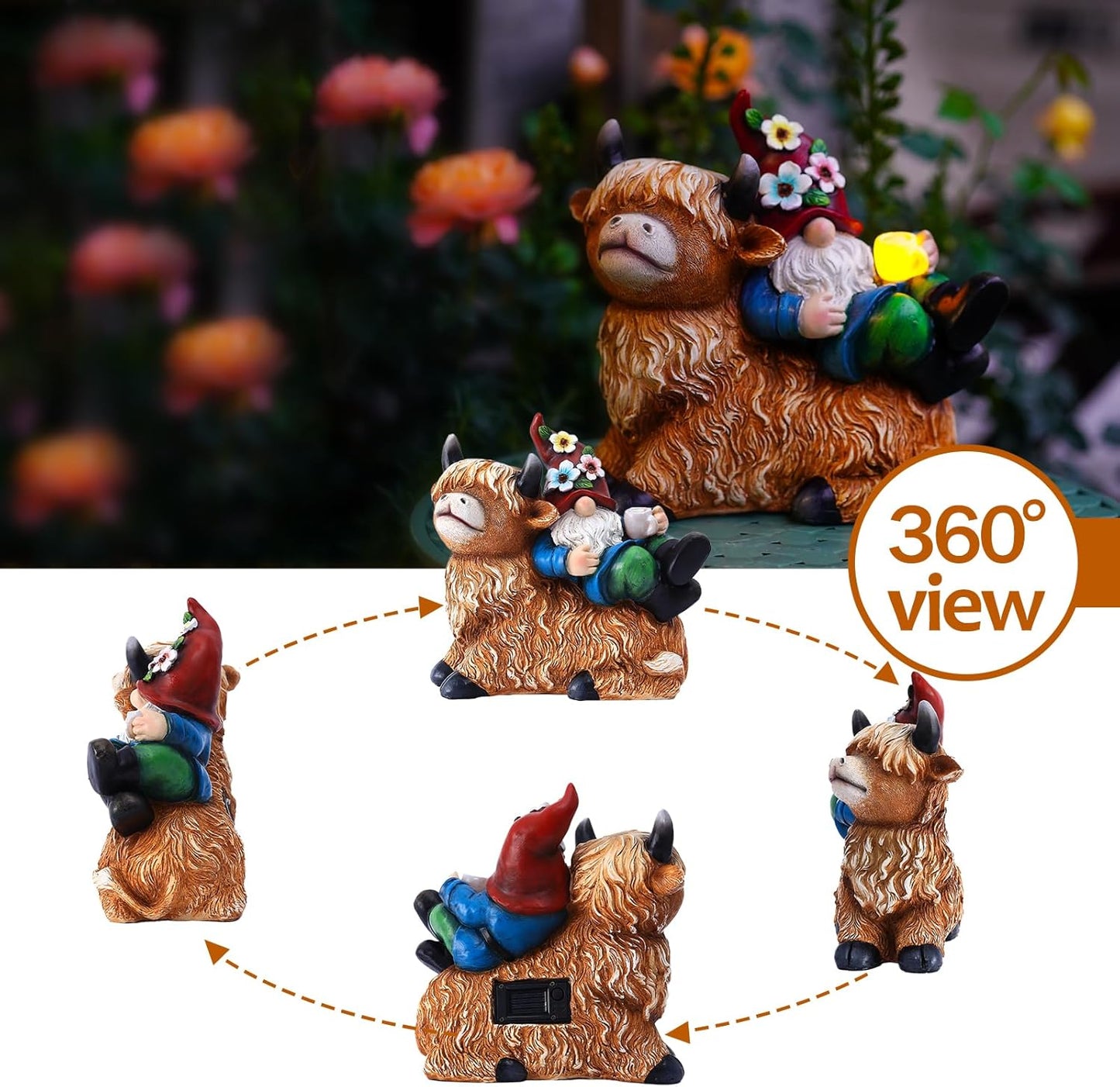 Garden Gnomes Decor Outdoor Statues Gnome on Highland Cow Hold Solar Cup Light Outdoor Decorations
