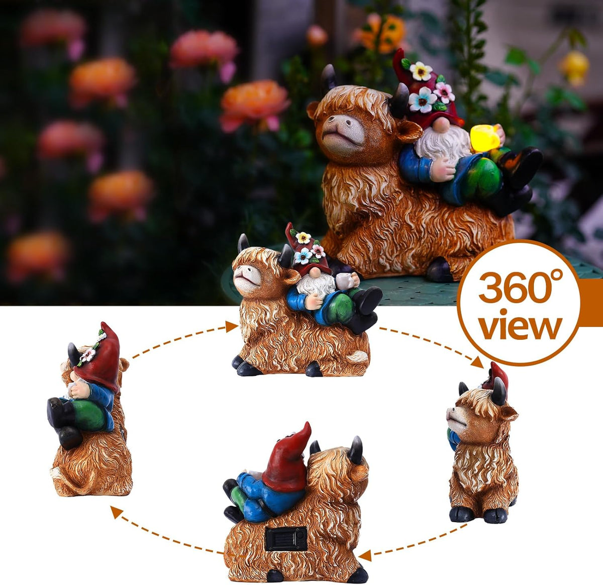 Garden Gnomes Decor Outdoor Statues Gnome on Highland Cow Hold Solar Cup Light Outdoor Decorations