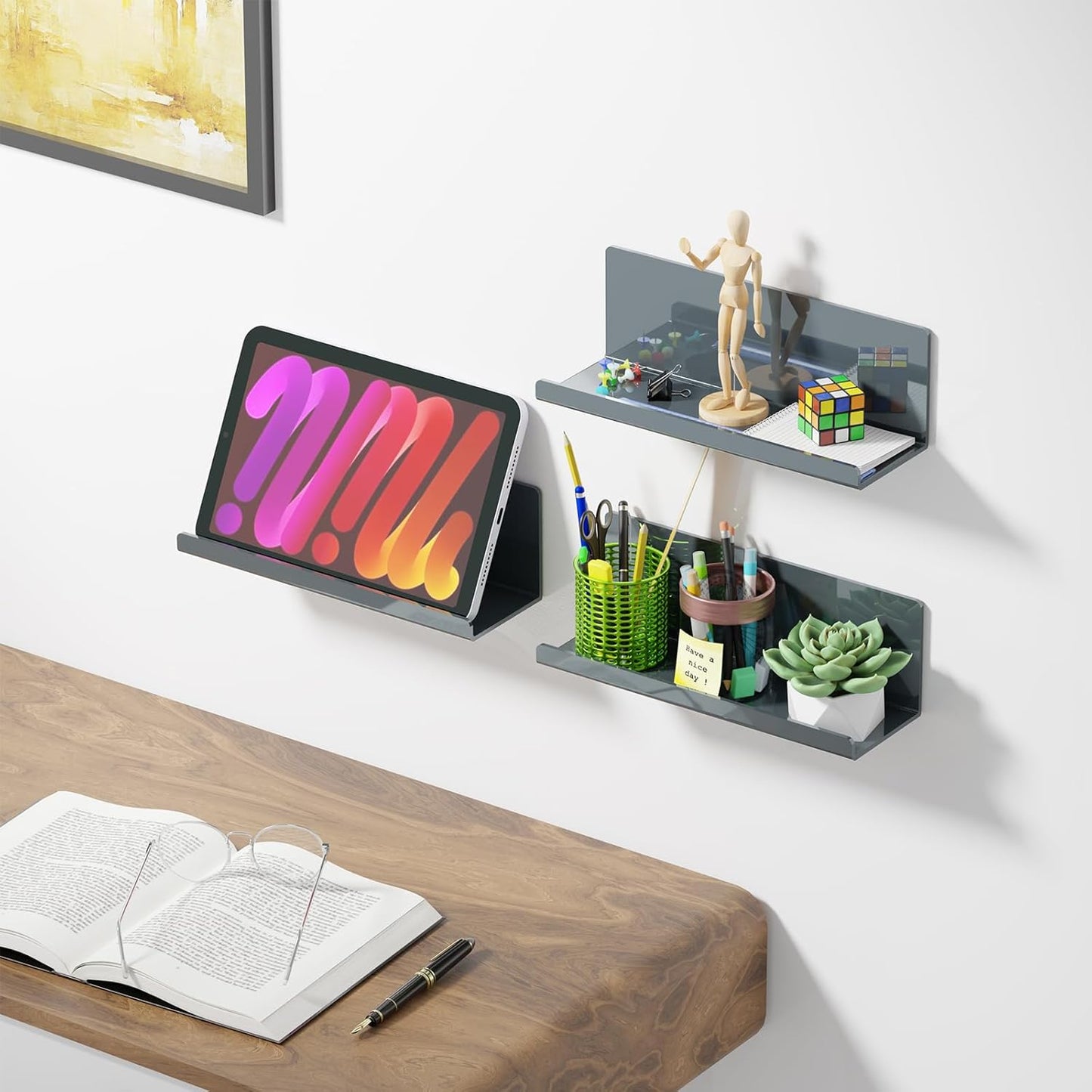 Adhesive Floating Shelves for Wall No Drilling, 12 Inch Acrylic Self Adhesive Shelves, Stick on