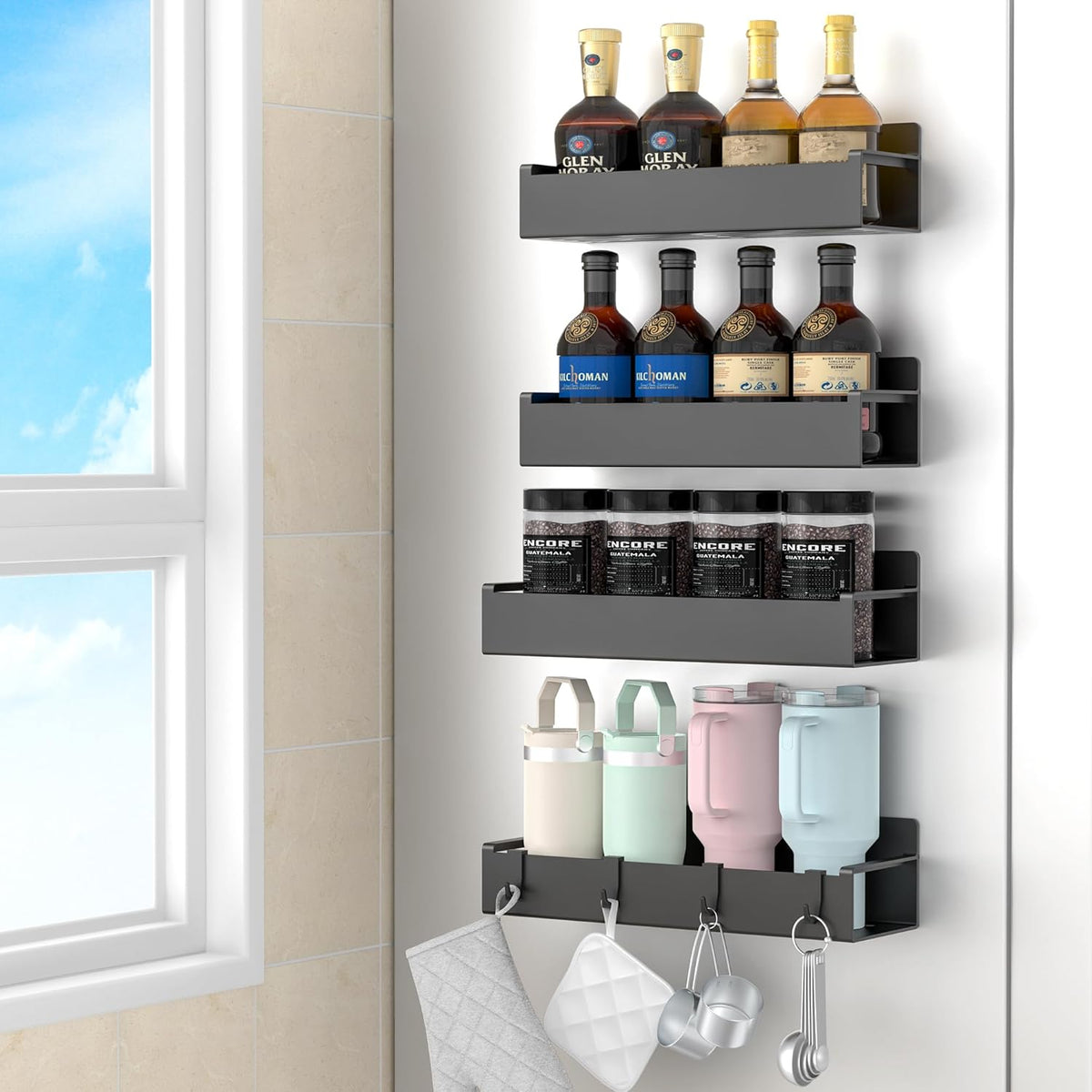 4 Pack Magnetic Spice Rack Organizer for Refrigerator and Oven, Black Fridge Organizers and Storage