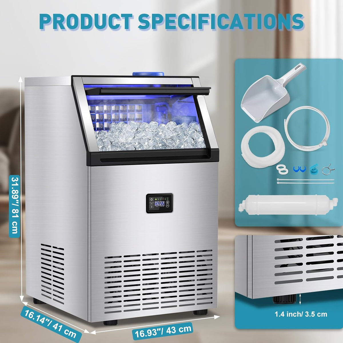 Commercial Ice Maker Machine, 175Lbs/24H with 45Lbs Storage, 55Pcs Clear Ice Cubes in 8-15Mins