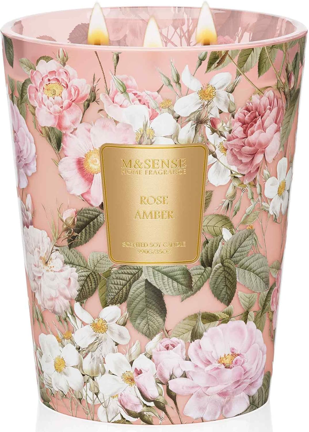 M&SENSE Extra Large Candle Rose Amber Scented, 3-Wick 35oz 150H Long Lasting, Natural Soy Wax