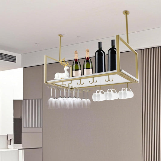 Hanging Wine Rack with Glass Holder Shelf Metal Ceiling Bar Wine Glass Rack Industrial Wall Mounted