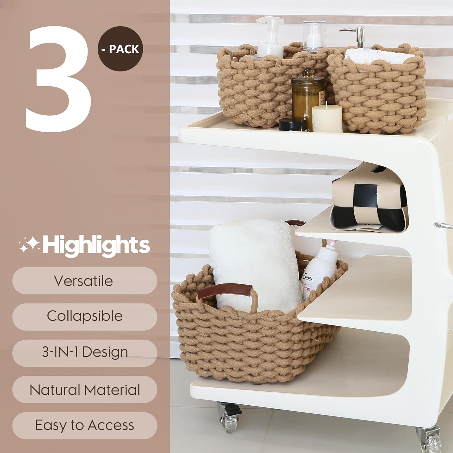 Sea Team 3-Pack Rectangle Woven Cotton Rope Storage Baskets with Handles, Shelf Basket, Closet