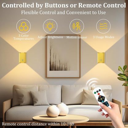 Battery Operated Wall Sconce Set of 2: 5000mAh Rechargeable Motion Sensor Night Light Indoor, 3CCT