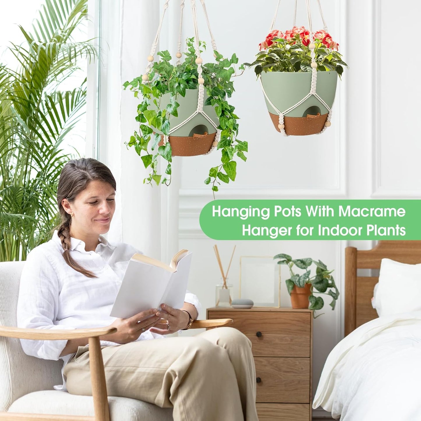 Hanging Planters for Indoor Outdoor Plants, 2 Pack Self Watering Hanging Pot with Drainage Holes