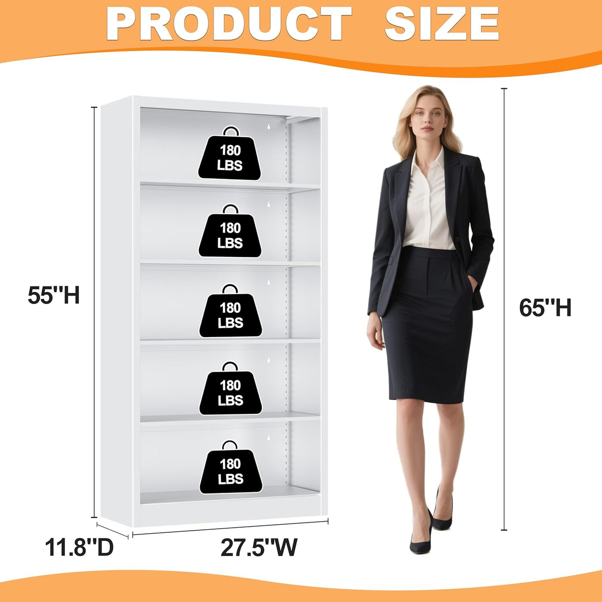White Bookshelf, 55” Adjustable Tall Metal Bookshelf, 5-Tier Wide Bookshelf with Anti-Tilt Device