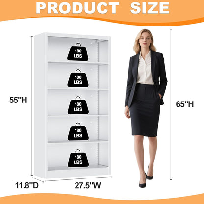 White Bookshelf, 55” Adjustable Tall Metal Bookshelf, 5-Tier Wide Bookshelf with Anti-Tilt Device
