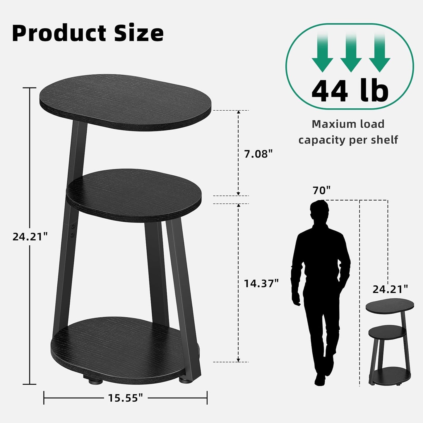Side Table, Small End Table with Metal Frame, 3-Tier Bedside Tables, Round Side Tables for Living