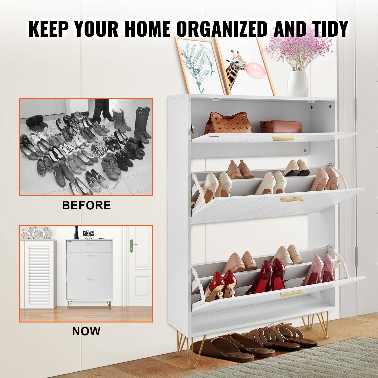 VEVOR Shoe Cabinet with 2 Flip Drawers, Modern Shoes Storage Cabinet with Storage Drawer and