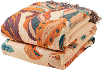 Boho Throw Blanket for Bed, 100% Cotton Soft Rustic Quilt Fall Blanket, 80" 90" Floral Printed