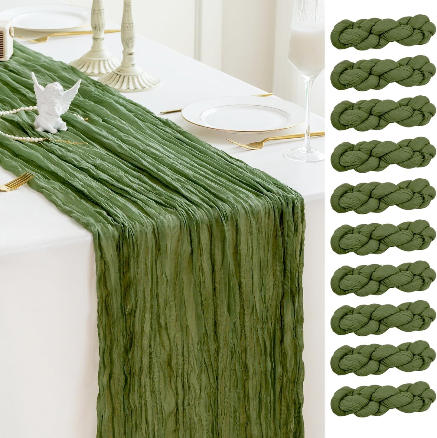 Sioloc 10 Pack Moss Green Cheesecloth Table Runner Fall Autumn Decor for Home 10ft Table Cloth for