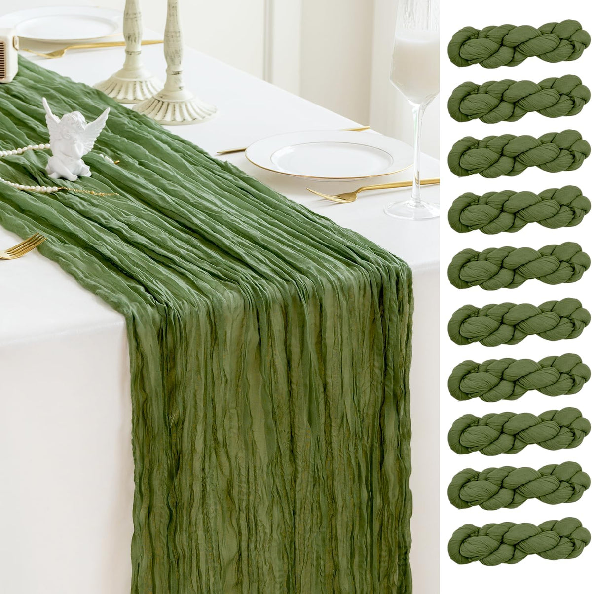 Sioloc 10 Pack Moss Green Cheesecloth Table Runner Fall Autumn Decor for Home 10ft Table Cloth for