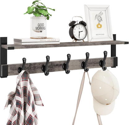 Homode Coat Rack Wall Mount with Shelf, 29 Inch Wood Wall Shelf with Hooks, Entryway Coat Hanger