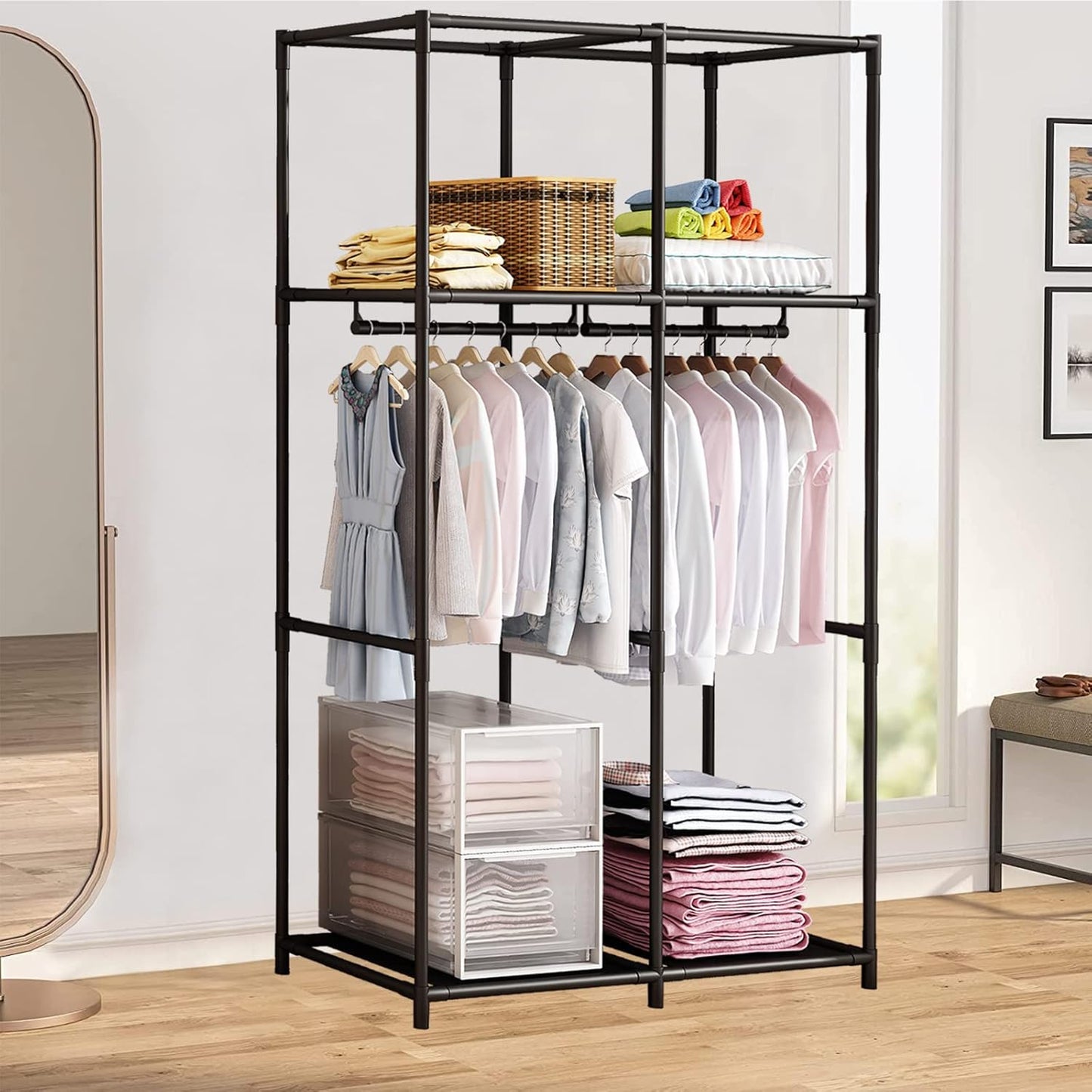 SORCEDAS Portable Wardrobe Closet Storage Organizer Metal Hanging Rack Non-Woven Fabric 34 Inch