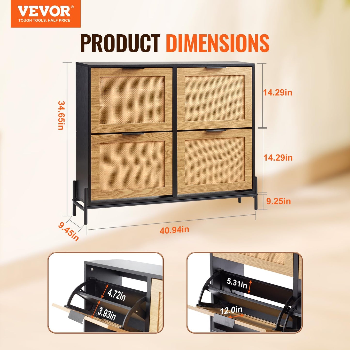 VEVOR Rattan Shoe Cabinet, Narrow Shoe Storage Organizer with 4 Flip Drawers, Slim Shoe Entryway