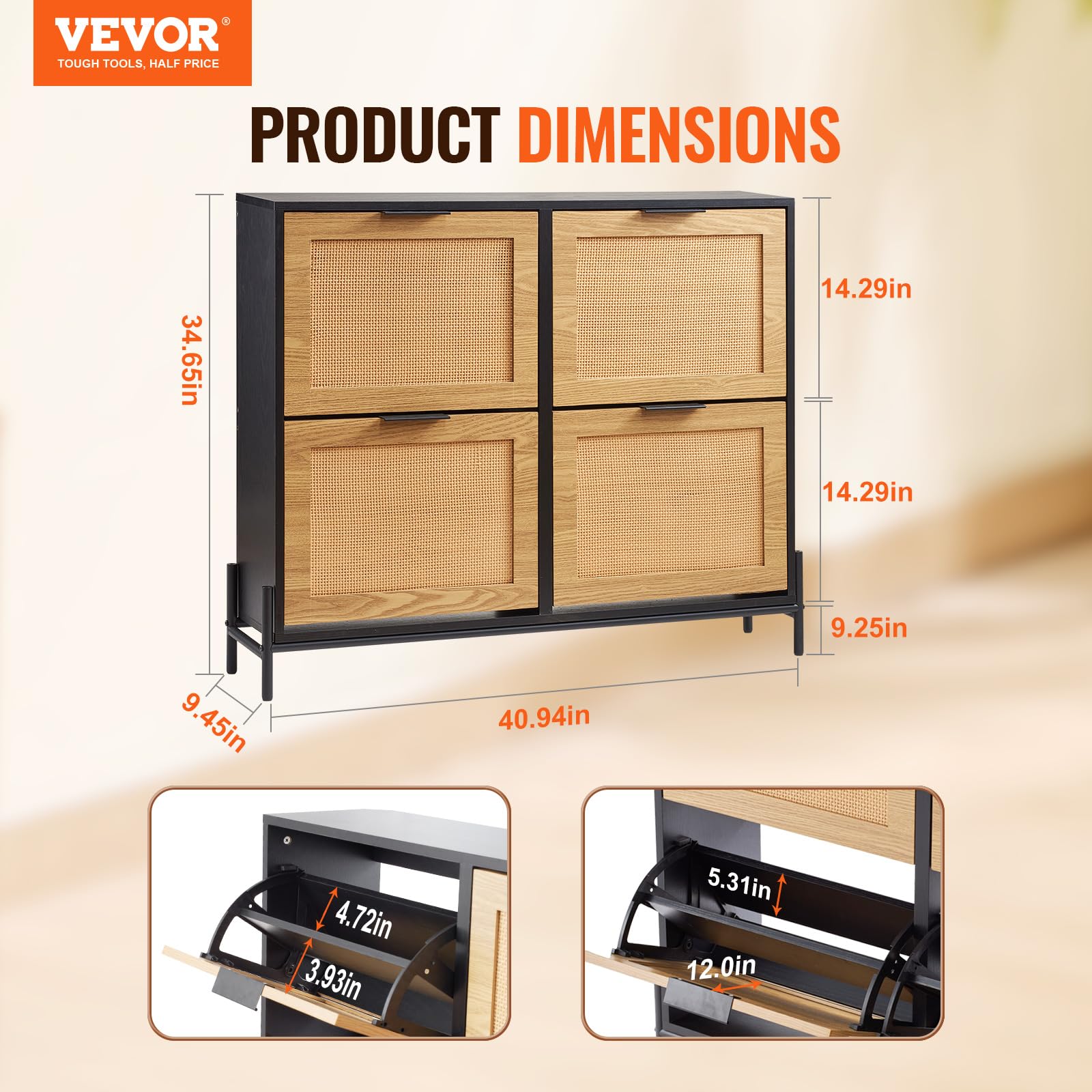 VEVOR Rattan Shoe Cabinet, Narrow Shoe Storage Organizer with 4 Flip Drawers, Slim Shoe Entryway