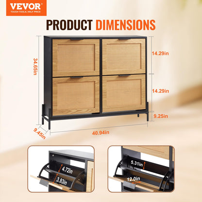 VEVOR Rattan Shoe Cabinet, Narrow Shoe Storage Organizer with 4 Flip Drawers, Slim Shoe Entryway