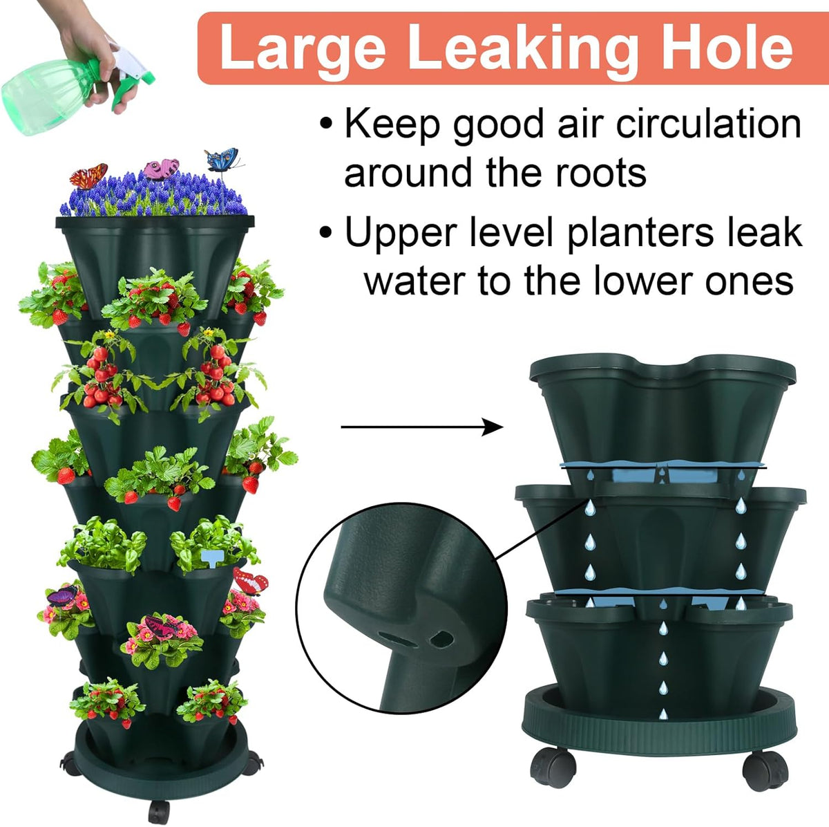 Vertical Planter, 7 Tier Stackable Strawberry Planter with Garden Tool Set, Movable Indoor/Outdoor