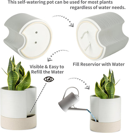 Nihow Self Watering Plant Pot: 8 Inch Ceramic Planter with Drainage Hole & Water Storage Plus for
