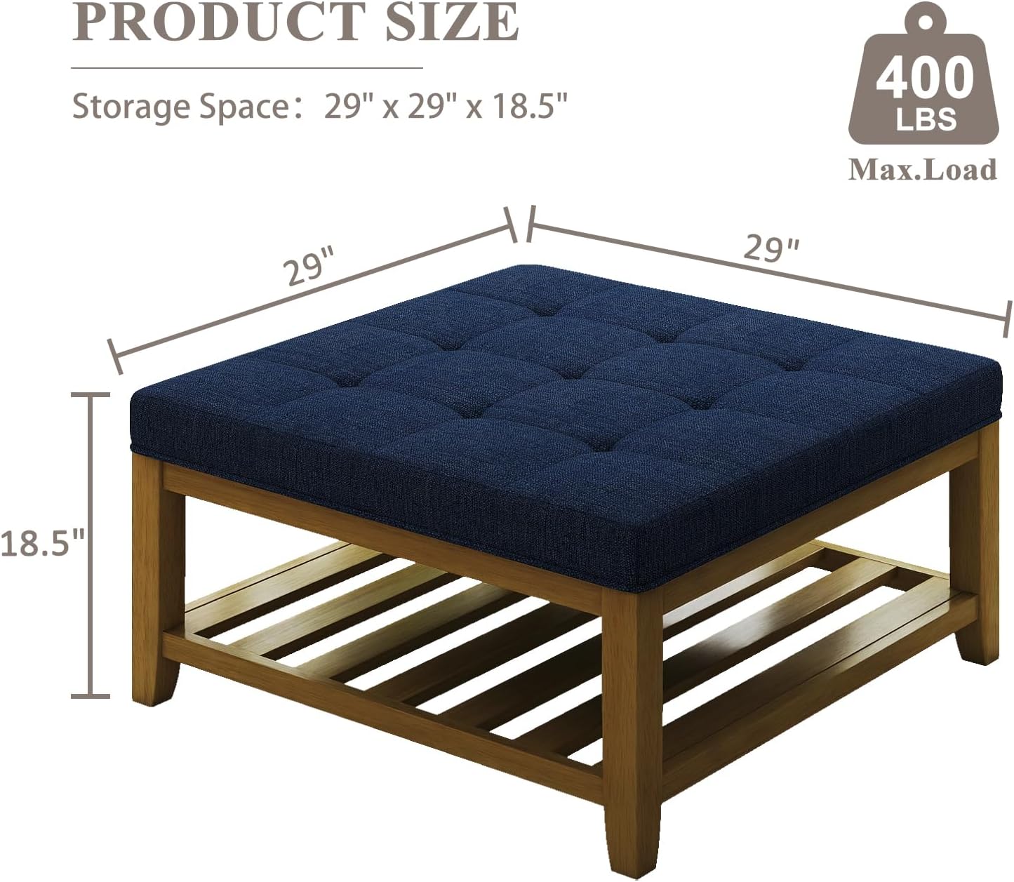 Large Square Ottoman Coffee Table, Linen Solid Upholstered Footrest Ottoman with Solid Wood Shelf