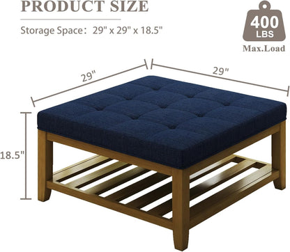 Large Square Ottoman Coffee Table, Linen Solid Upholstered Footrest Ottoman with Solid Wood Shelf