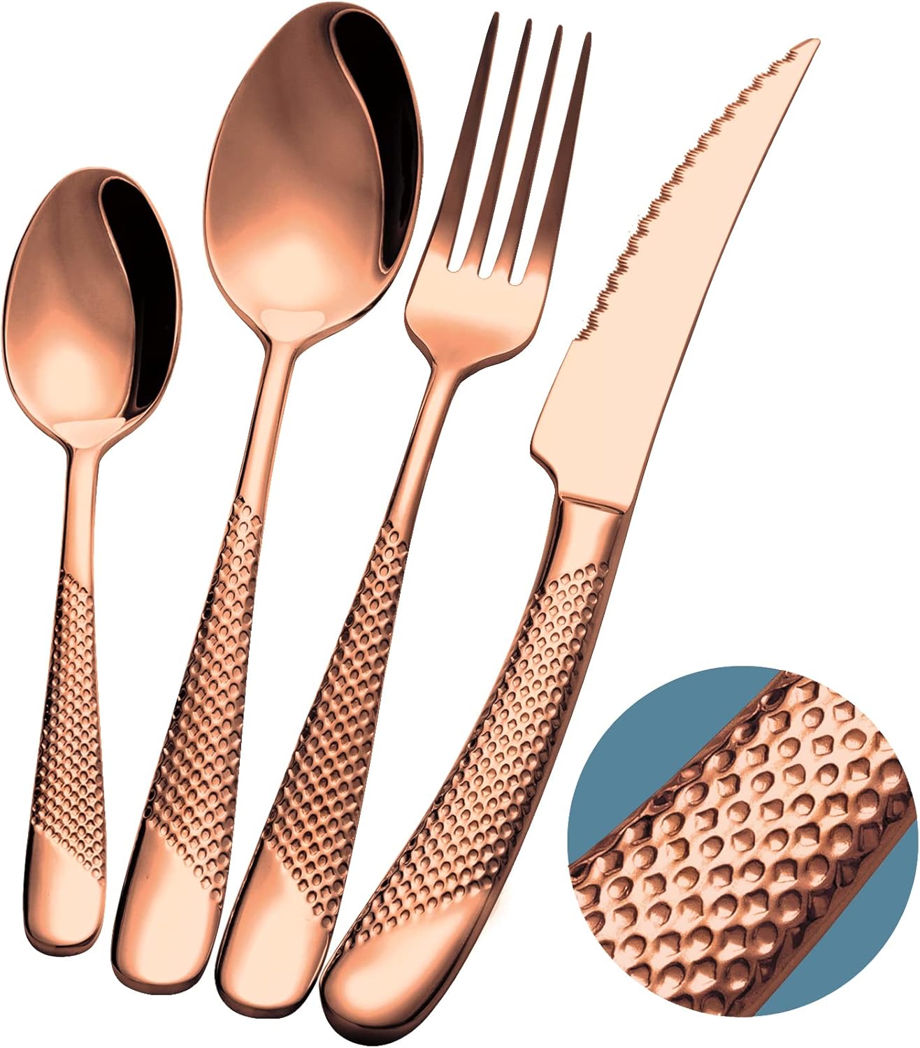 16-Piece Modern Copper Hammered Silverware Set with Ultra Sharp 2-IN-1 Serrated Knife, Rose Gold