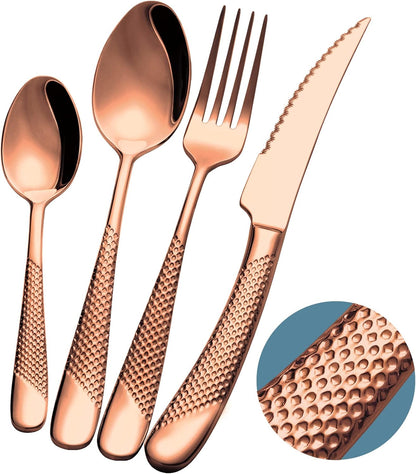 16-Piece Modern Copper Hammered Silverware Set with Ultra Sharp 2-IN-1 Serrated Knife, Rose Gold
