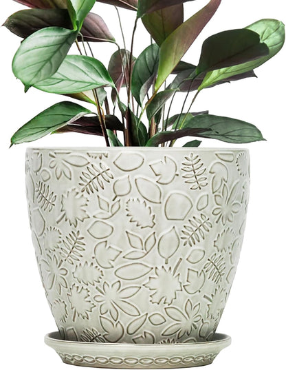 10inch Retro Ceramic Planter with Drainage Hole and Saucer for Multiple Plants, Indoor-Outdoor