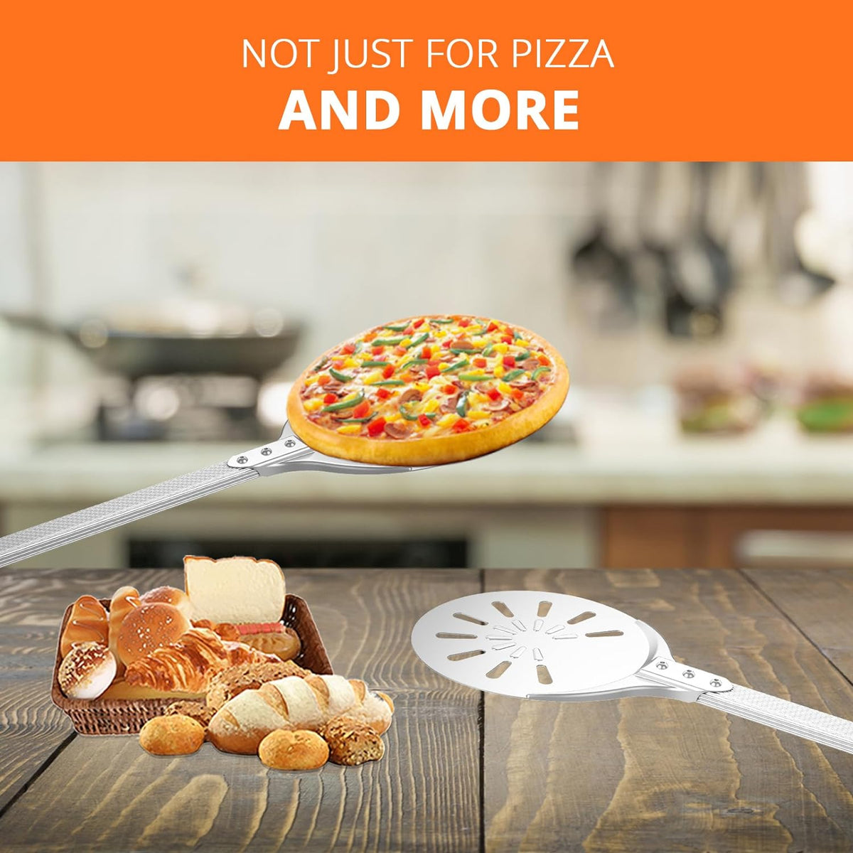 Pizza Turning Peel, 8-inch Pizza Peel Turner Spinner, Long Handle Perforated Aluminum Pizza Peel